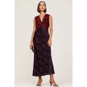 Marina Moscone Silk Velvet Floral Maxi Dress Red Purple V Neck Sleeveless Size 8